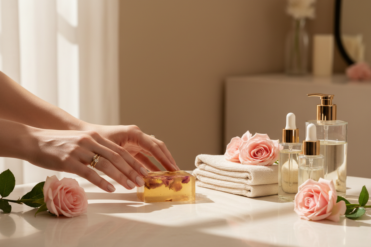 A luxury lifestyle beauty scene featuring a woman’s hands arranging a glycerin soap bar on a stone vanity table. Fresh pink roses, linen towels, and glass bottles surround the product. Soft sunlight filters through the window. The model wears neutral nail polish and delicate rings. Warm beige background, minimal styling, premium spa atmosphere. High-end commercial photography, soft focus, natural shadows, aesthetic flat-lay with depth.